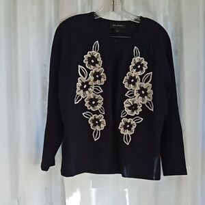St. John Navy Blue Cardigan with Cream Floral Design